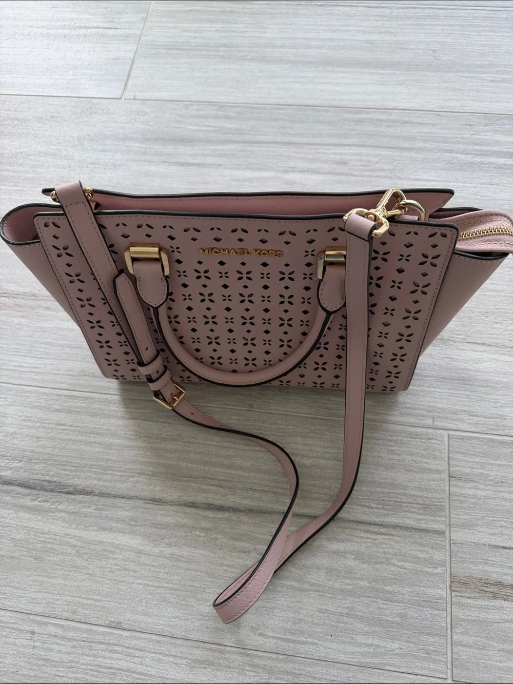 Michael Kors Pink Laser-Cut Satchel with Gold Hardware